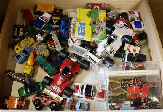 Six Polistil 1/25 racing cars, sundry other diecast vehicles, small quantity of postcards, etc.